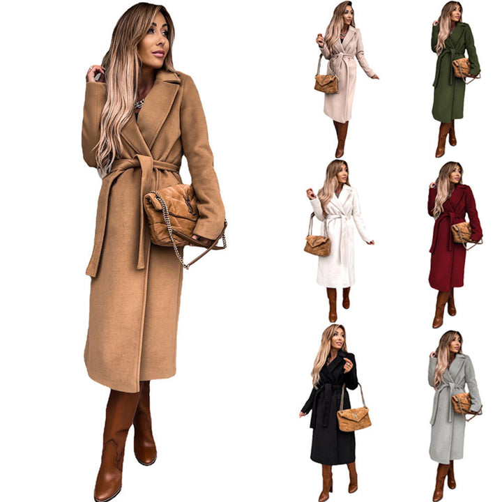 Damen eleganter lange Mantel mit Gürtel und hohem Kragen W&W Mode