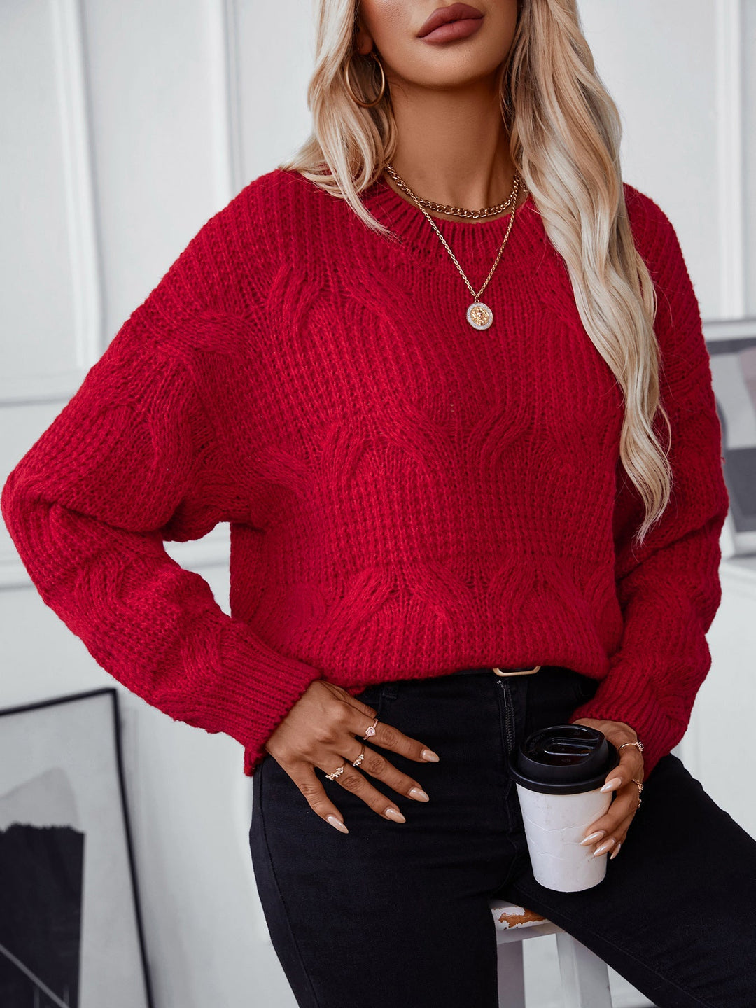 W&W Mode uni Farbe Kabelstrickpullover