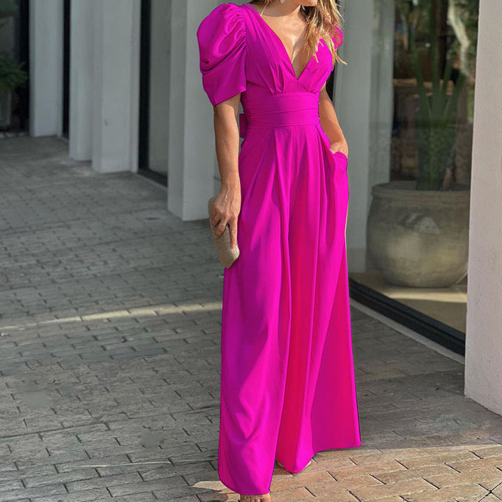 Damen Puffärmel Jumpsuit mit tiefem V-Ausschnitt und weiten Beinen W&W Mode
