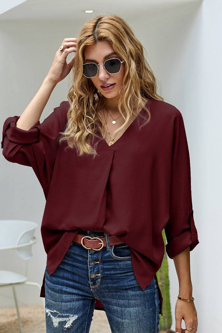 Damen Bluse mit V-Ausschnitt und lässigen langen Ärmeln W&W Mode