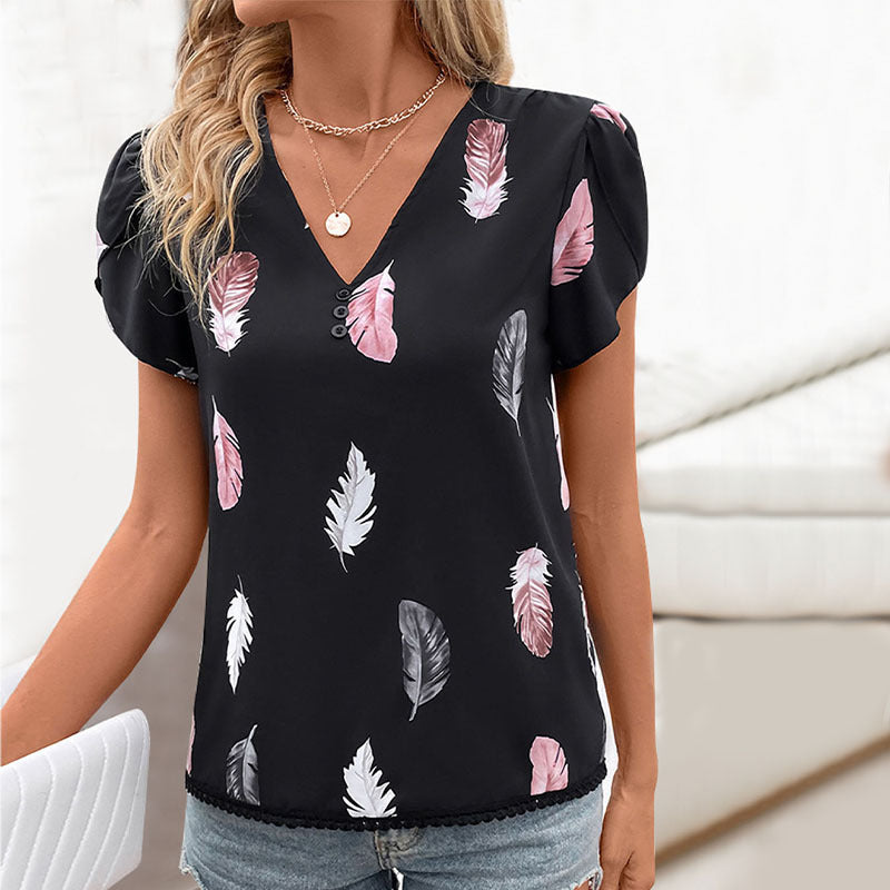 Damen Bluse mit romantischen Federmuster und Puffärmeln W&W Mode
