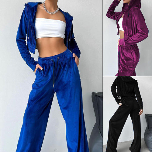 Damen Sportliches Freizeit-Set mit lässiger Kapuzenjacke und weit geschnittenen Hosen W&W Mode