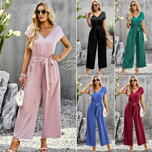 Damen eleganter Jumpsuit mit V-Ausschnitt und Bindegürtel W&W Mode