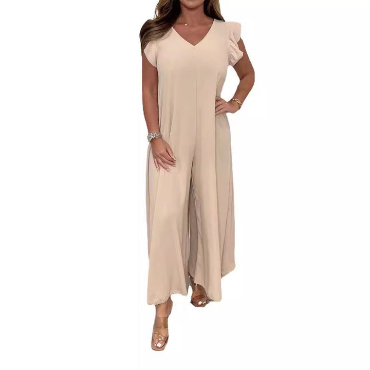 Damen gehobener Jumpsuit mit voluminösen Rüschenärmeln und V-Ausschnitt W&W Mode