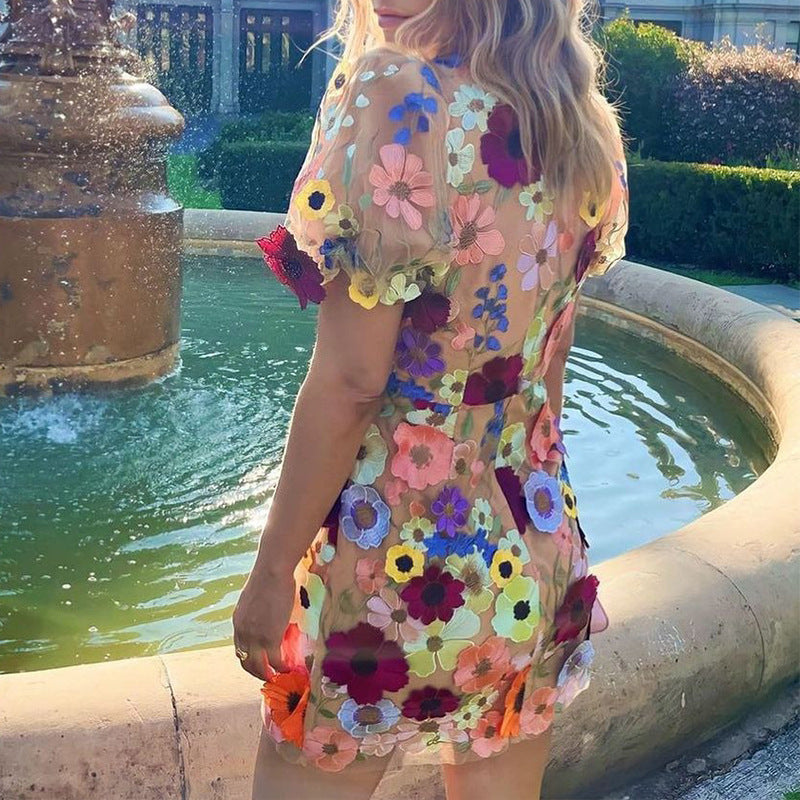 W&W Mode | 3D-Blumen-Bodycon-Laternenärmel-besticktes Kleid