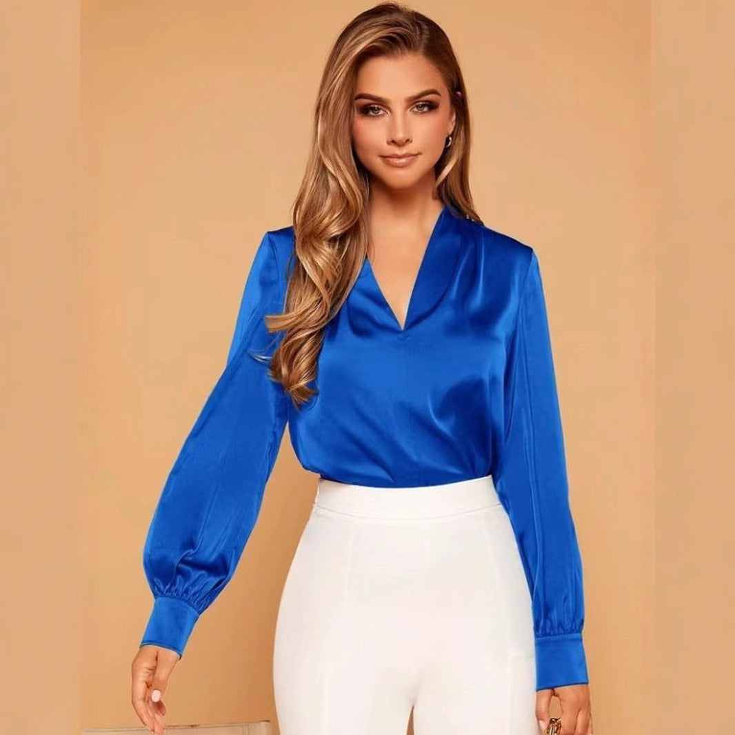 W&W Mode | V-Ausschnitt Langarm Satin Bluse
