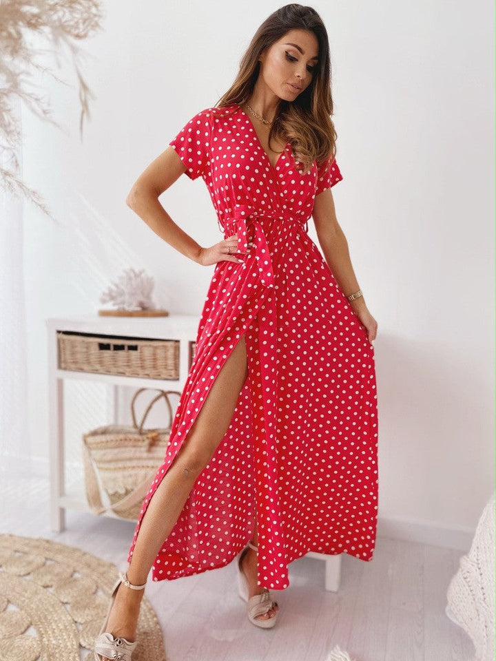 W&W Mode | Gedrucktes Polka-Dot-Band Taille Maxi Kleid