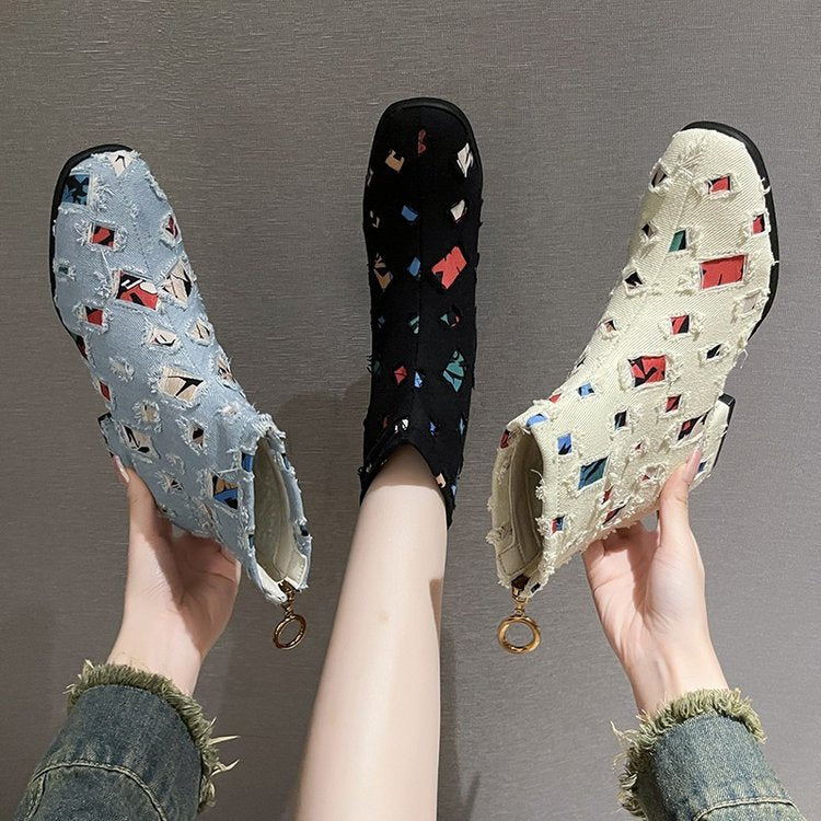 Damen Modische Ankle-Boots mit kreativem Geometrie-Druck und elegantem Reißverschluss W&W Mode