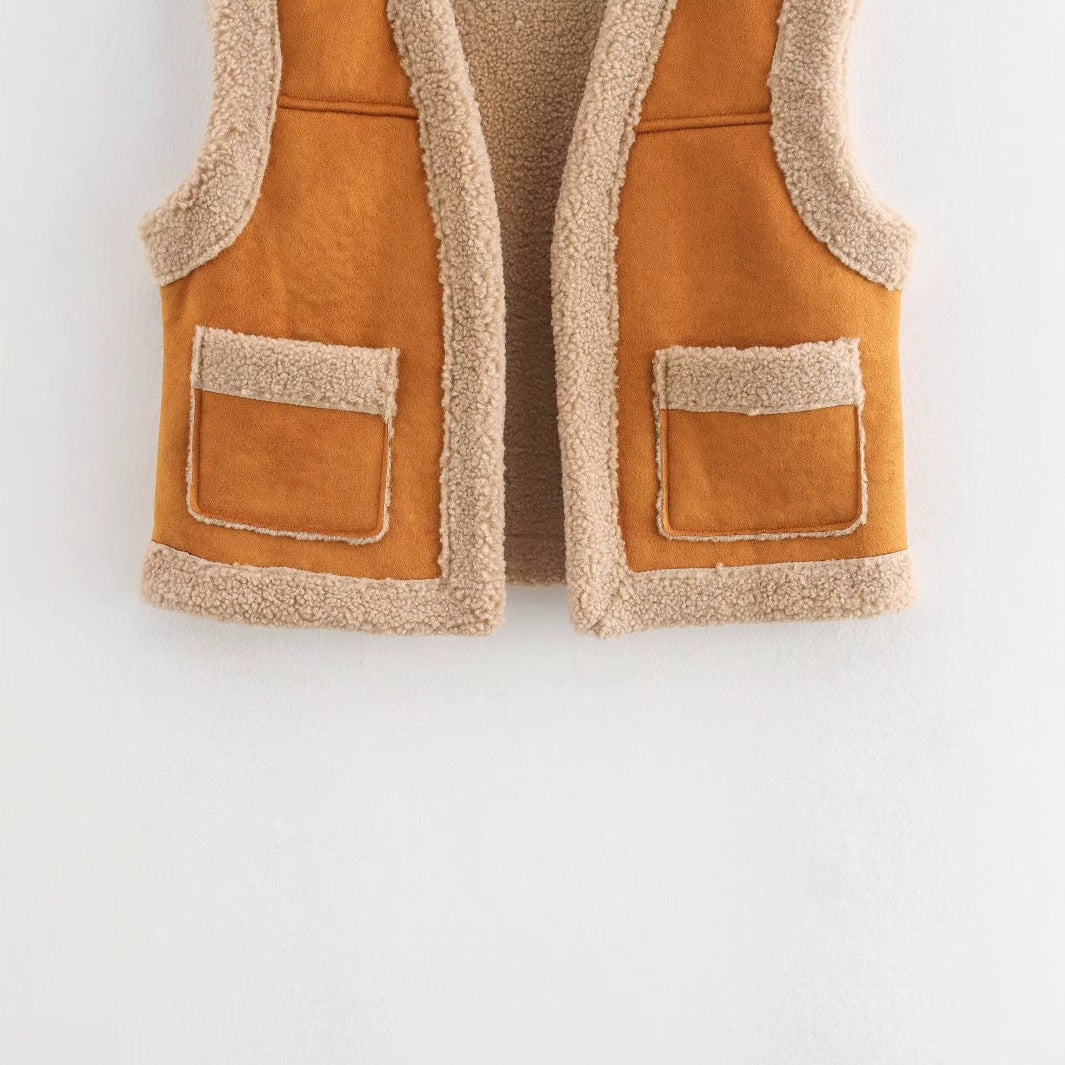 Damen Teddy-Weste mit praktischen Taschen und hohem Kragen W&W Mode