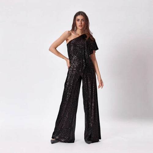 Damen Einseitiger Pailletten Jumpsuit mit weiter Hose W&W Mode