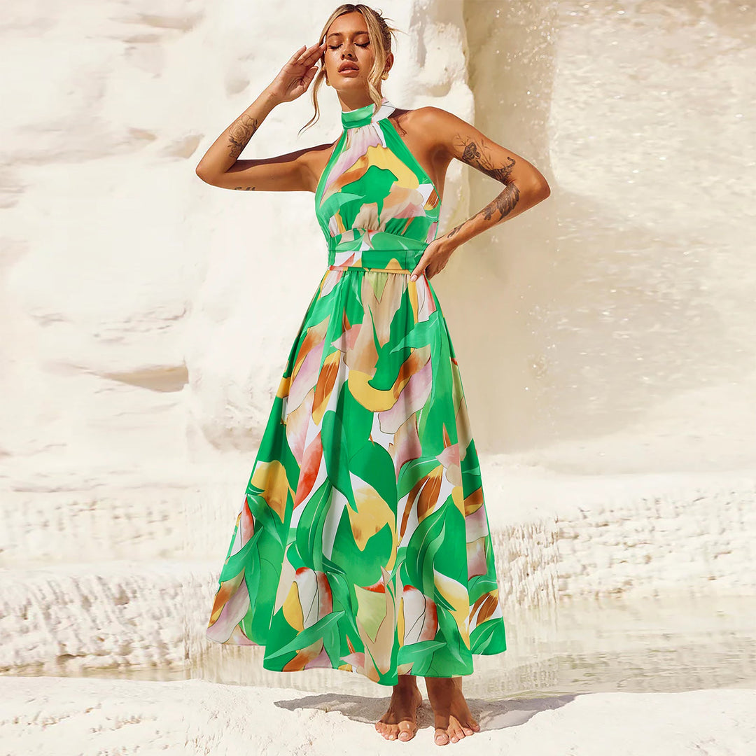 Damen Maxikleid mit hochgeschlossenem Kragen und buntem Blätterdruck W&W Mode