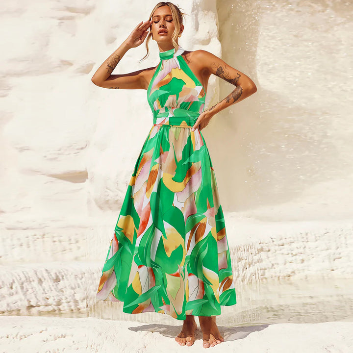 Damen Maxikleid mit hochgeschlossenem Kragen und buntem Blätterdruck W&W Mode