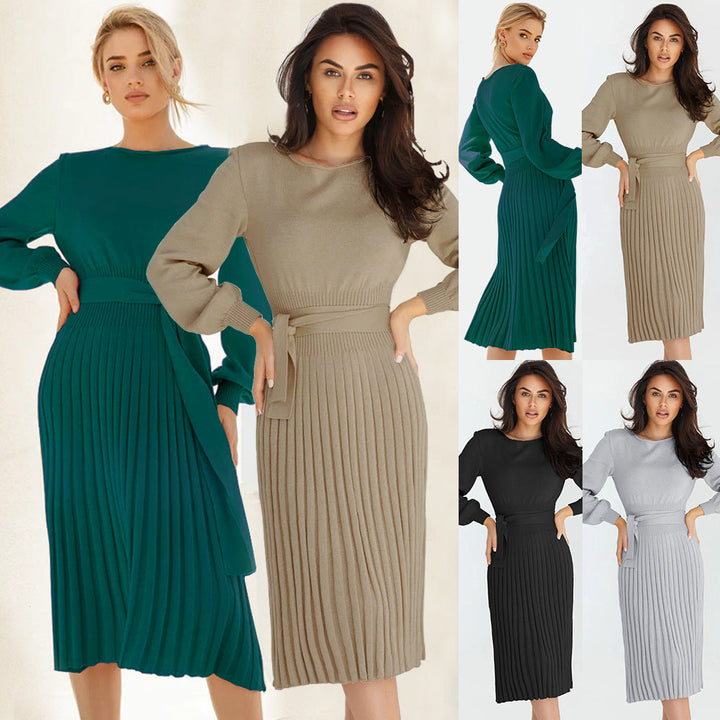 Damen Strickkleid mit taillierbarem Gürtel und langen Ärmeln W&W Mode