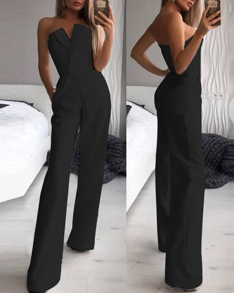 Damen Jumpsuit mit asymmetrischem Revers, taillierter Passform und weitem Bein
