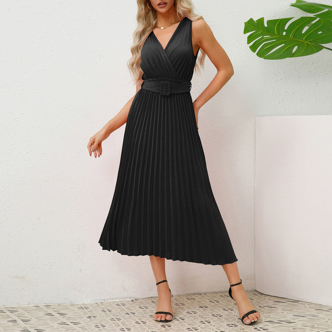 Damen Plissee Maxikleid mit taillierbarem Gürtel und elegantem V-Ausschnitt W&W Mode