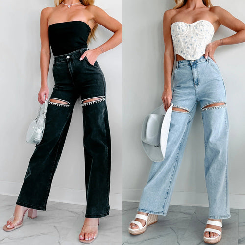 W&W Mode | Lässige Nieten Ripped Straight Leg Damen Jeans