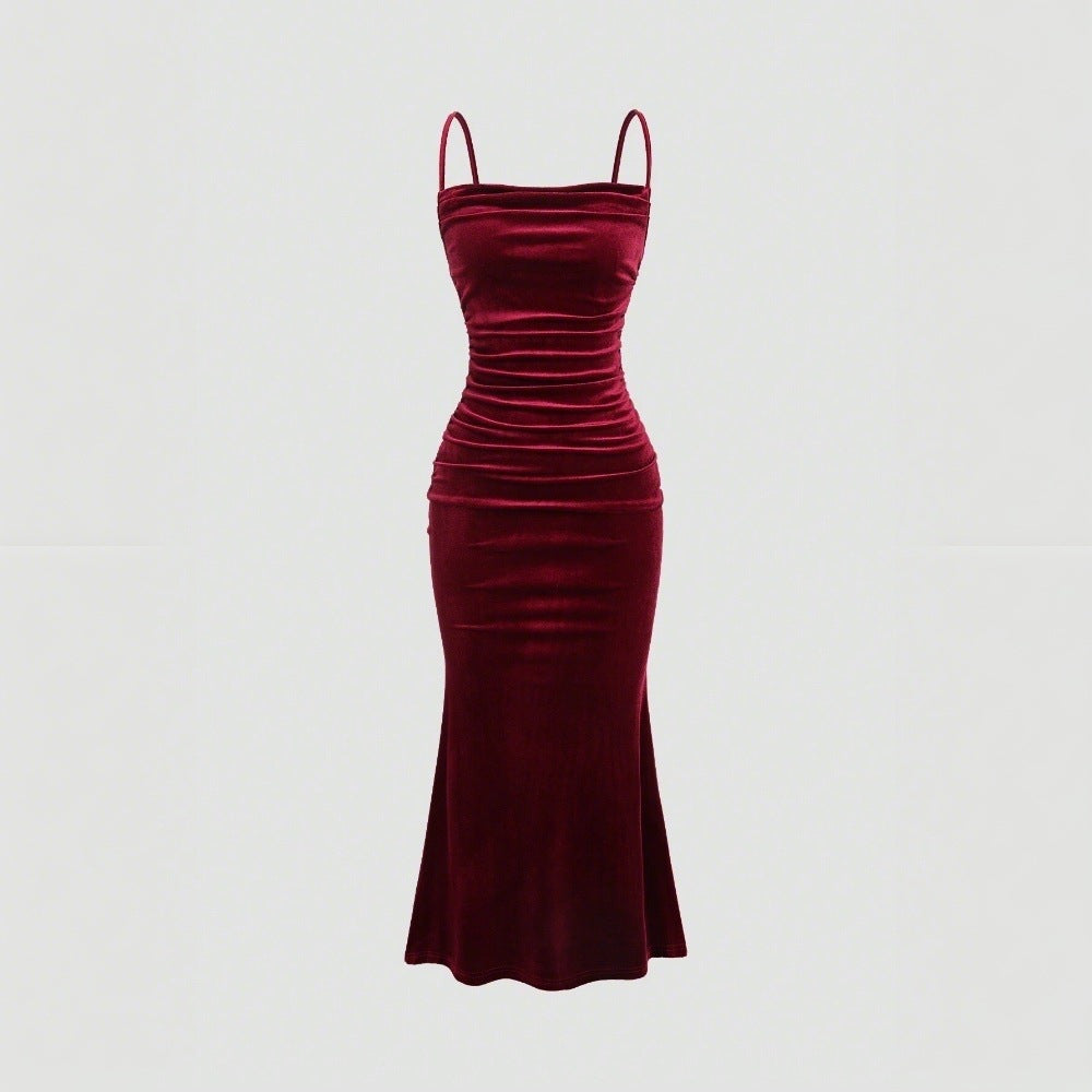 Damen Elegantes Samt-Maxi-Kleid mit figurbetontem Schnitt und raffinierten Raffungseffekten W&W Mode
