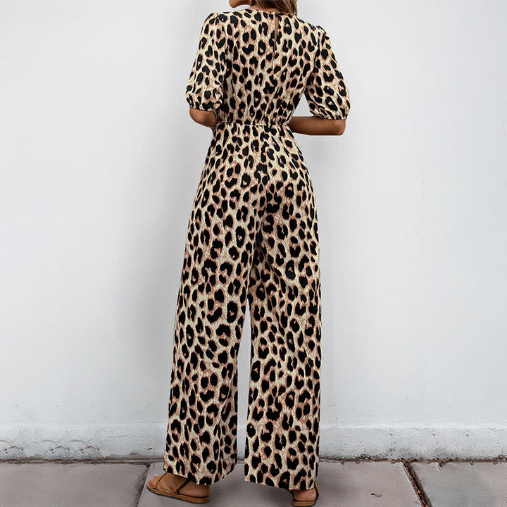 Damen lässiger Jumpsuit mit Leo-Muster und schulterfreien Puffärmeln W&W Mode