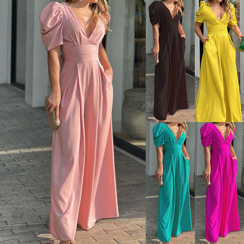 Damen Puffärmel Jumpsuit mit tiefem V-Ausschnitt und weiten Beinen W&W Mode