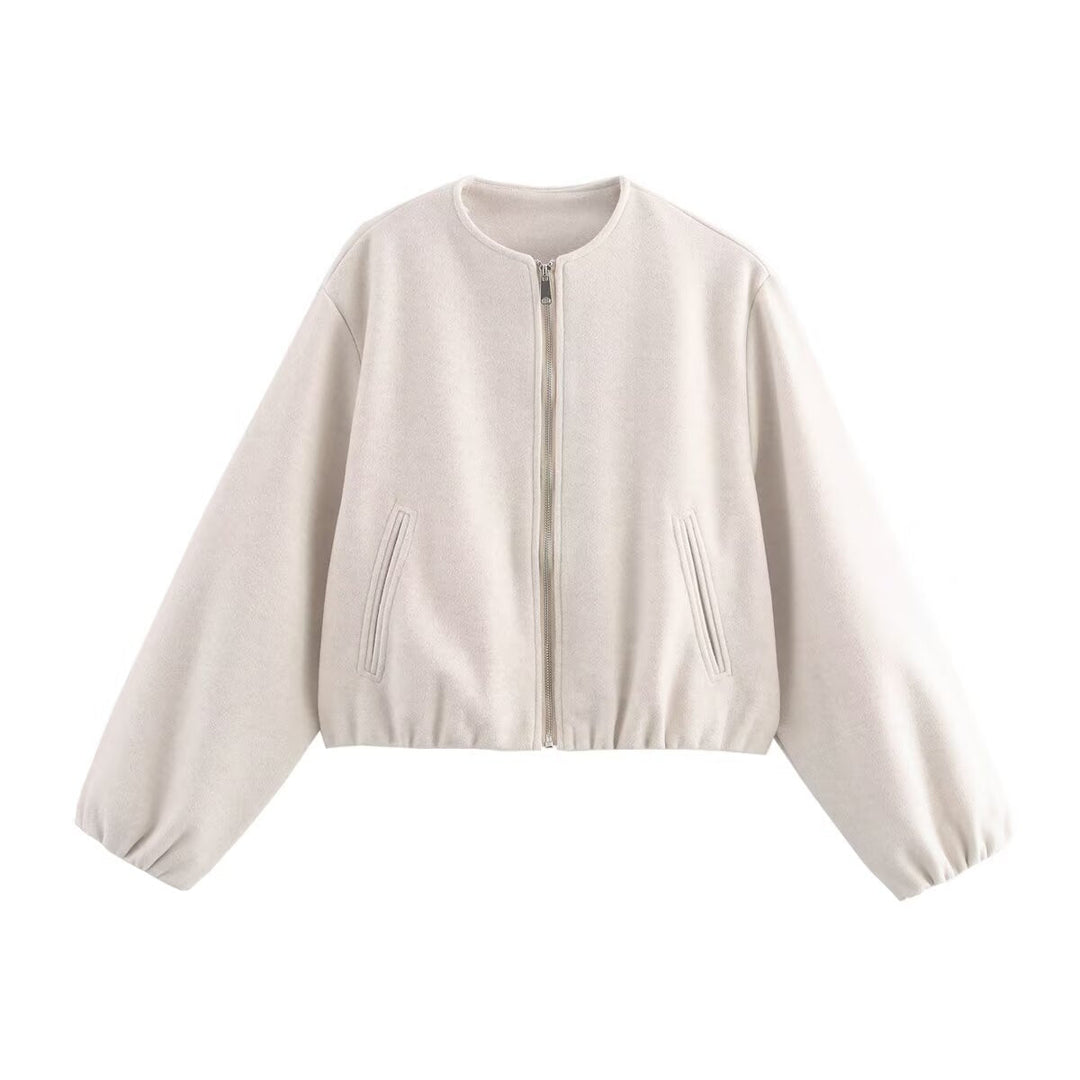 Damen lässige Kurzjacke mit voluminösen Ärmeln und metallischem Reißverschluss W&W Mode