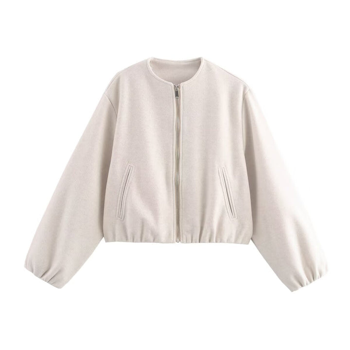 Damen lässige Kurzjacke mit voluminösen Ärmeln und metallischem Reißverschluss W&W Mode
