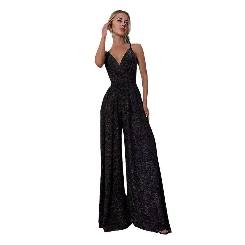 Damen Glamouröser Jumpsuit mit weitem Bein und schimmerndem Effekt W&W Mode