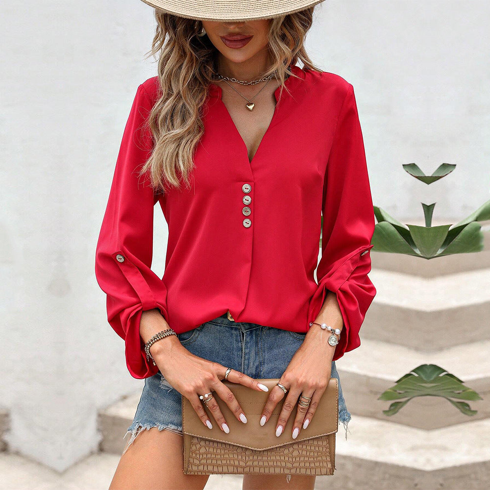 Damen Bluse mit elegantem V-Ausschnitt und raffinierten Knopfdetails W&W Mode