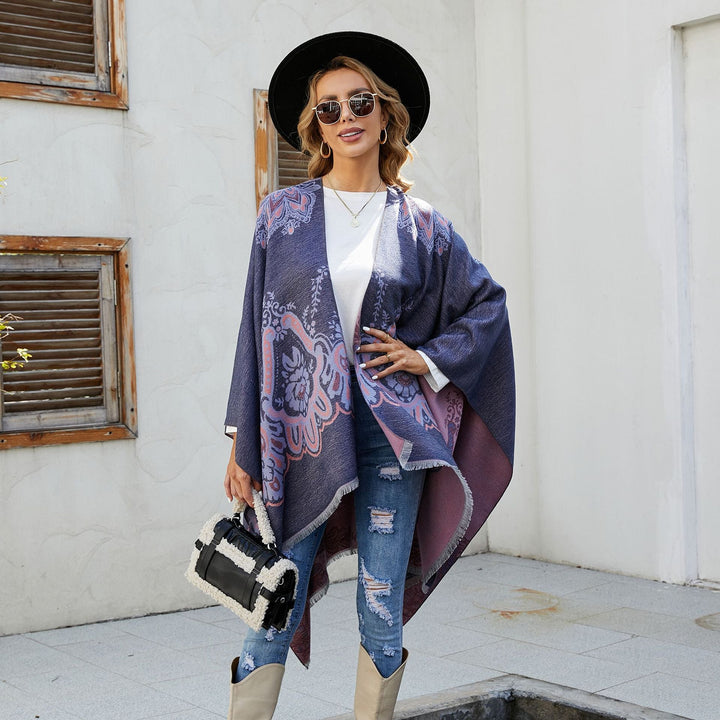 Damen Eleganter Kimono-Poncho mit kunstvollem Muster und fransigen Kanten W&W Mode