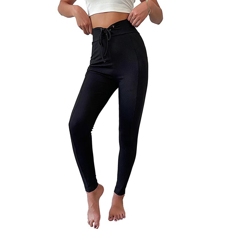 Damen Hochtaillierte Yogahose mit elastischem Bund und Rippstruktur W&W Mode