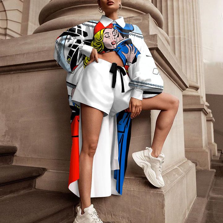 Damen Oversized Hemd mit grafischem Print und kurzer Hosenkombination W&W Mode