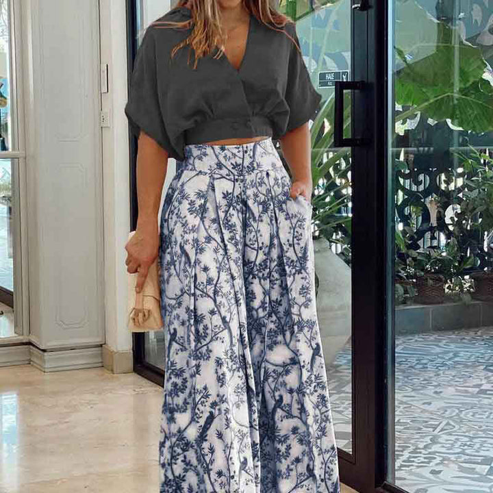 Damen Crop-Top Kombi-Anzug mit weitem Rock und floralem Muster W&W Mode
