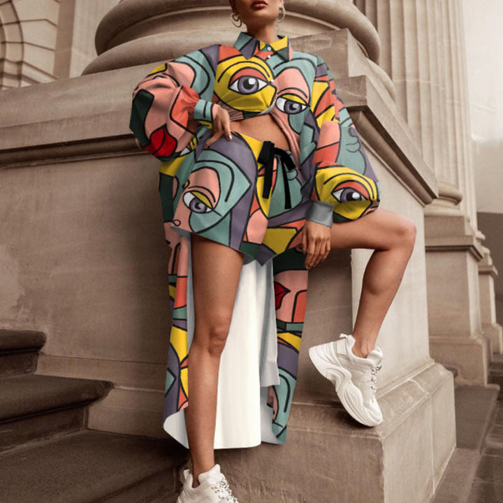 Damen Oversized Hemd mit grafischem Print und kurzer Hosenkombination W&W Mode