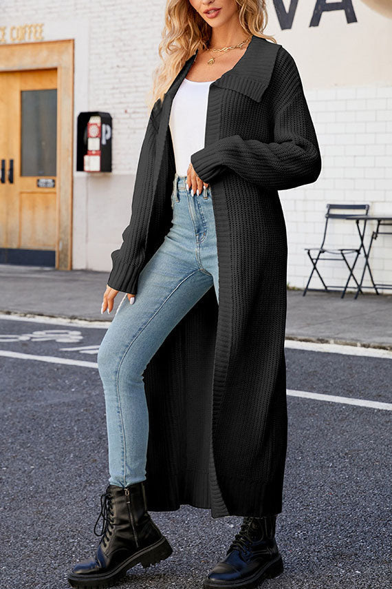W&W Mode Unifarbenes Revers langes Strickcardigan