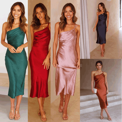 Damen Elegantes und fließendes Abendkleid mit asymmetrischem Ausschnitt W&W Mode
