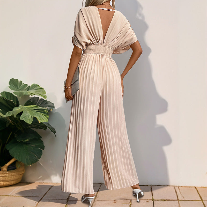 Damen Eleganter Jumpsuit mit tiefem V-Ausschnitt und voluminösen Ärmeln W&W Mode