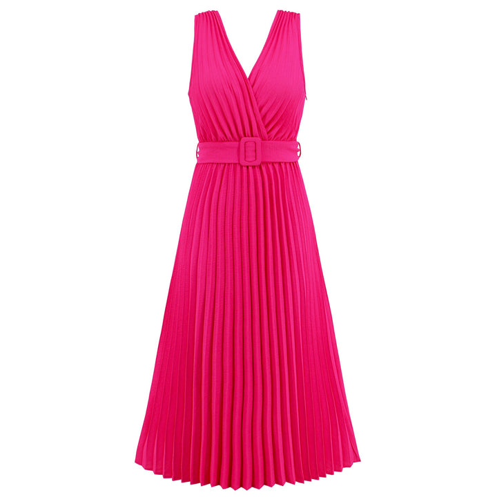 Damen Plissee Maxikleid mit taillierbarem Gürtel und elegantem V-Ausschnitt W&W Mode
