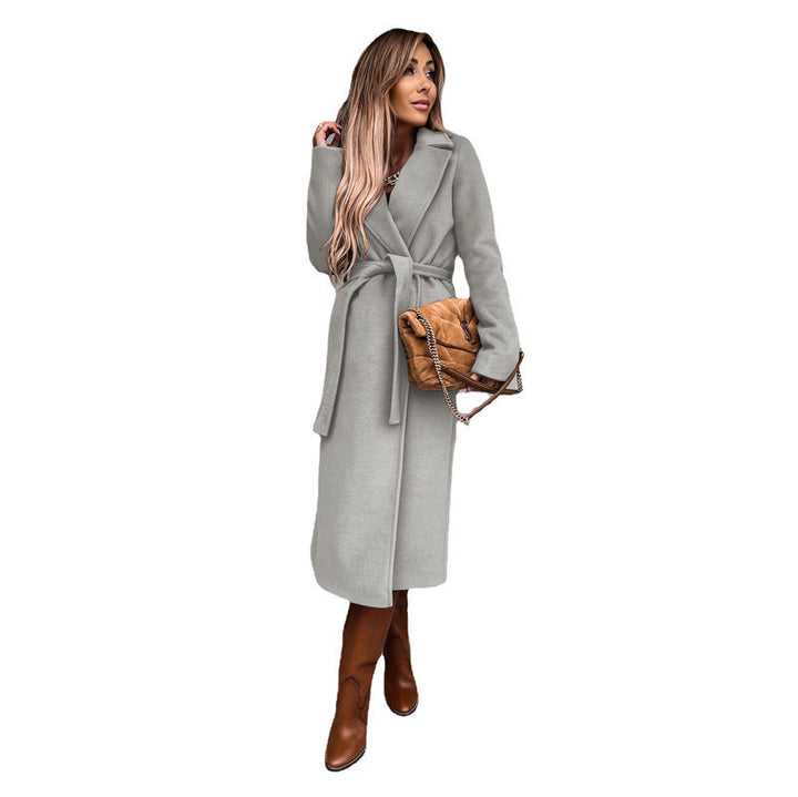 Damen eleganter lange Mantel mit Gürtel und hohem Kragen W&W Mode