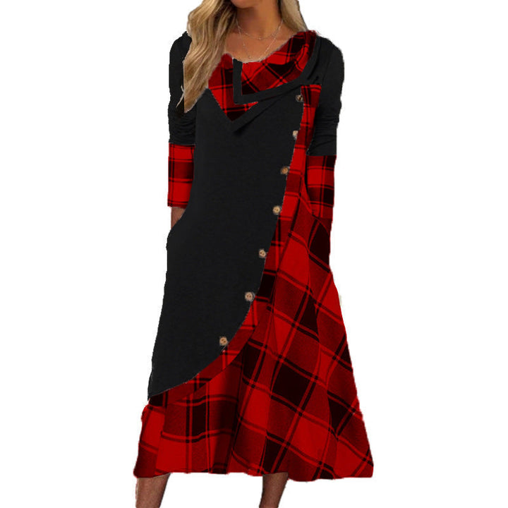 W&W Mode | Plaid Gespalten Knopf Tasche Gestapelte Kragen Langarmkleid