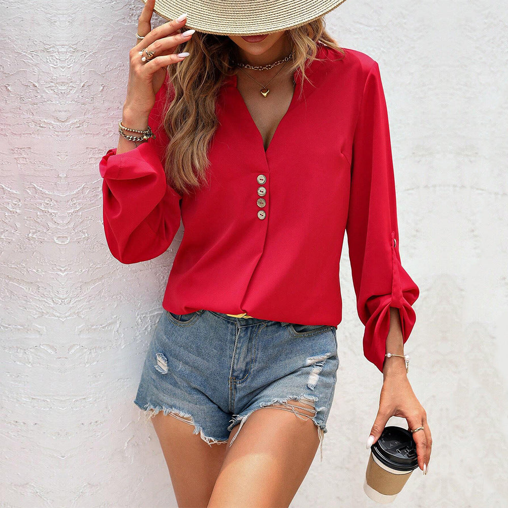 Damen Bluse mit elegantem V-Ausschnitt und raffinierten Knopfdetails W&W Mode