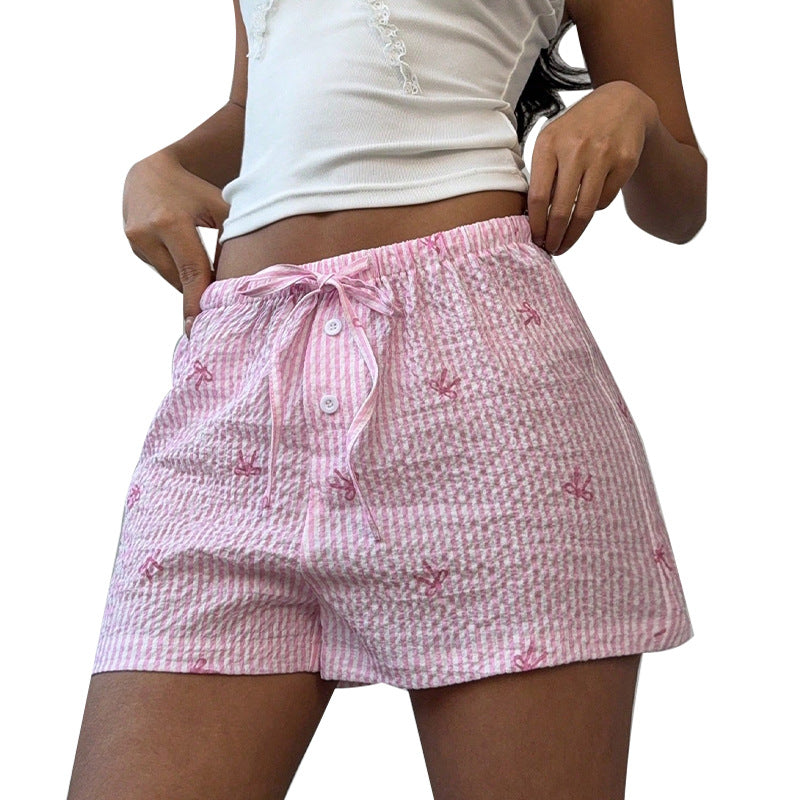 Damen kurze Schlafshorts mit niedlichem Streifenmuster und dekorativer Stickerei W&W Mode