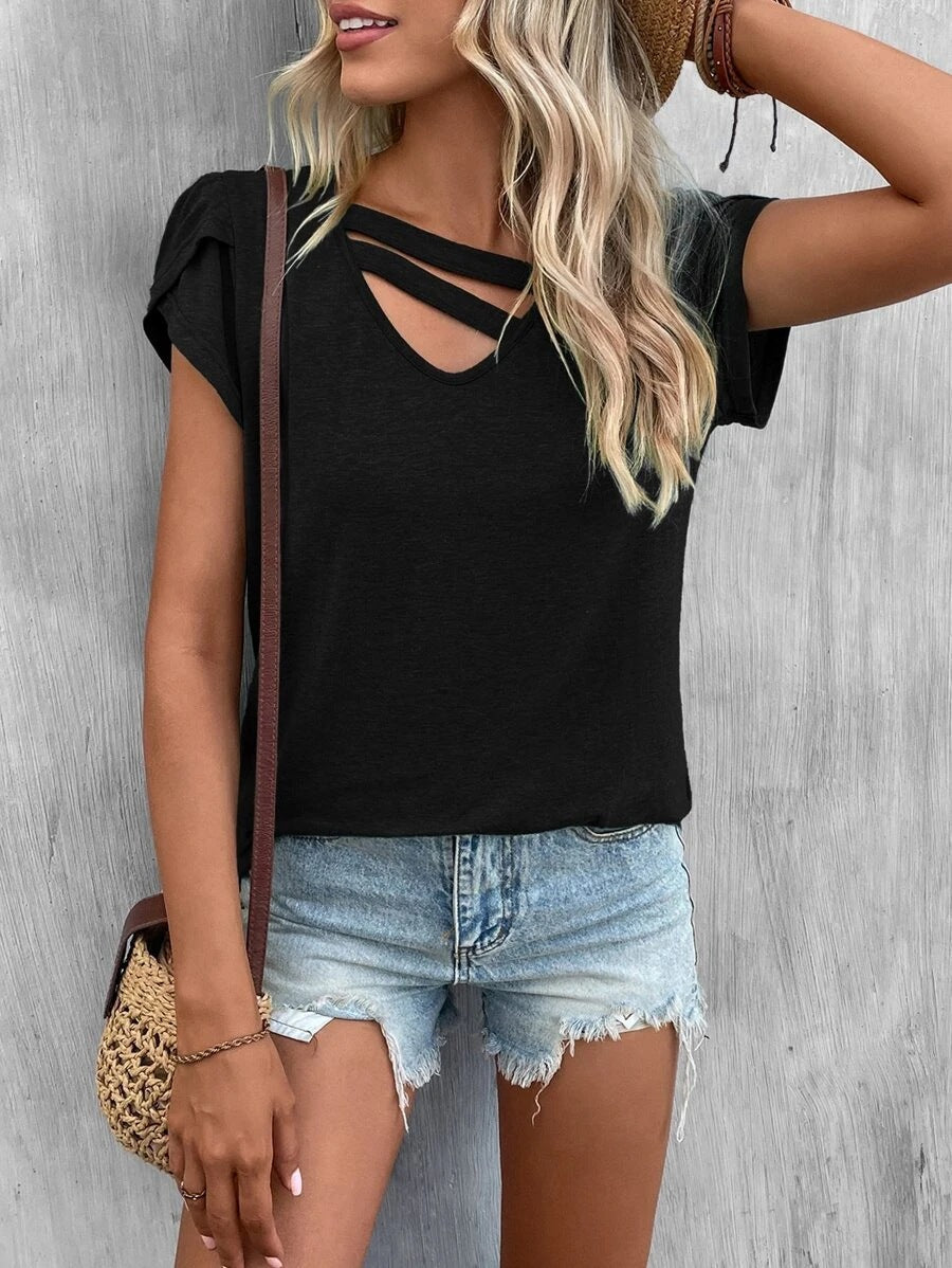 Damen lässiges Kurzarm T-Shirt mit einzigartigem Kreuz-Ausschnitt W&W Mode