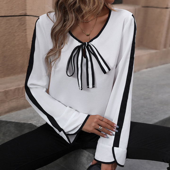 Damen Bluse mit dekorativem Schleifenkragen und kontrastierenden Ärmelabschlüssen W&W Mode