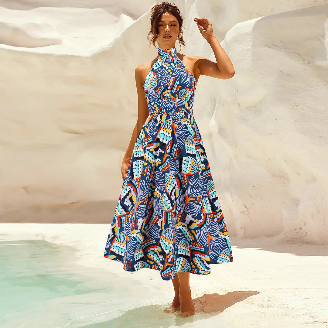 Damen Maxikleid mit hochgeschlossenem Kragen und buntem Blätterdruck W&W Mode