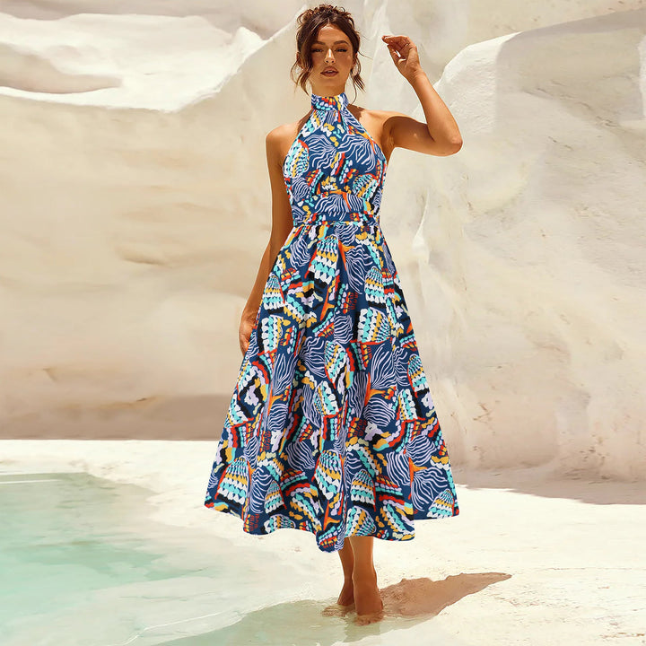 Damen Maxikleid mit hochgeschlossenem Kragen und buntem Blätterdruck W&W Mode