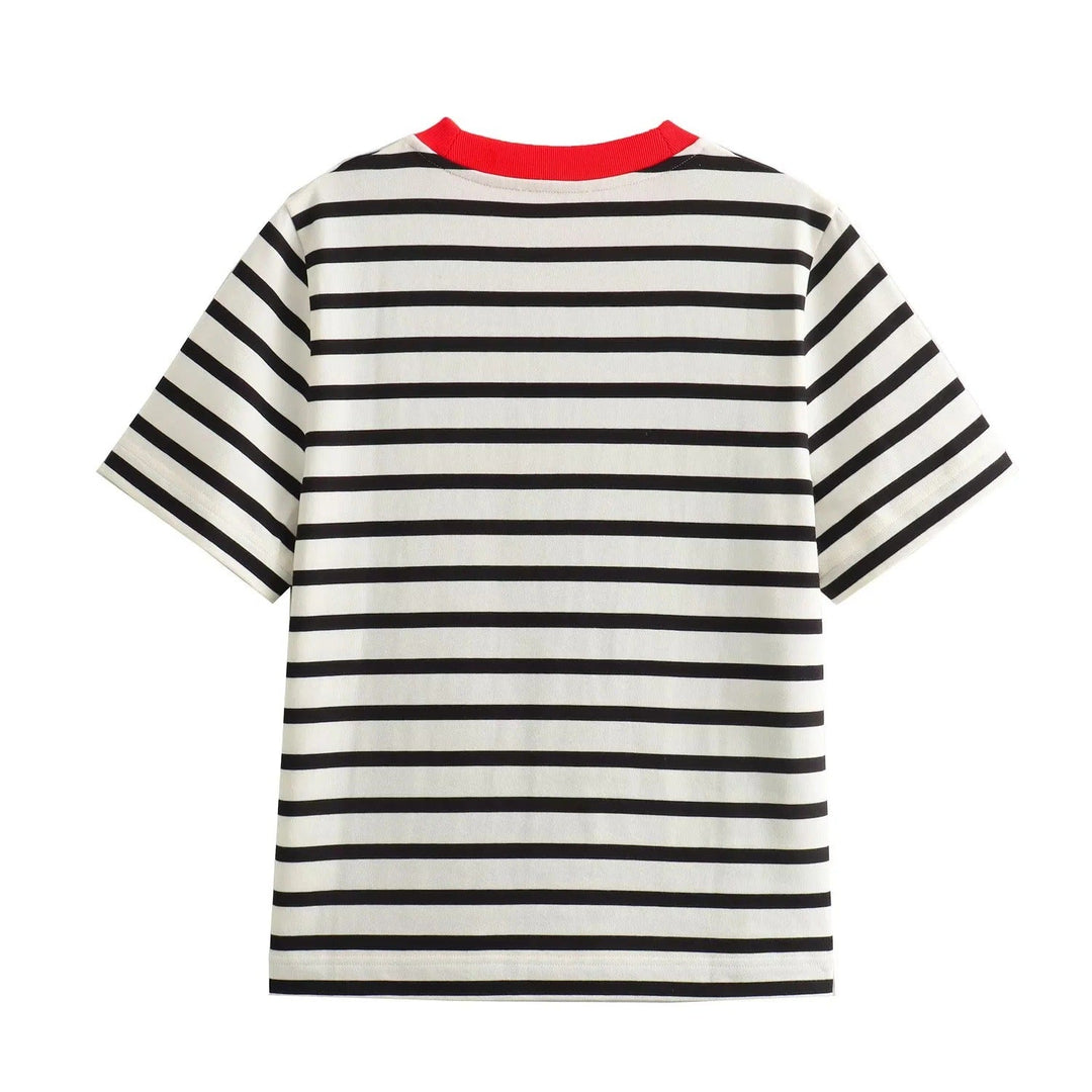 Damen Freizeit T-Shirt mit kontrastierendem Kragen und lässigem Streifenmuster W&W Mode