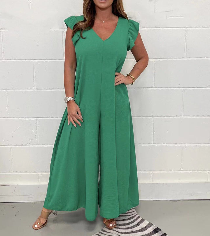 Damen gehobener Jumpsuit mit voluminösen Rüschenärmeln und V-Ausschnitt W&W Mode