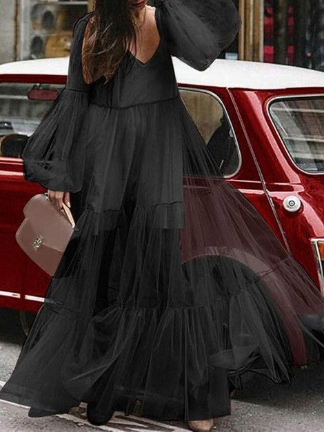W&W Mode | Puffärmel Tüll Durchsichtig Lange Rock Kleid