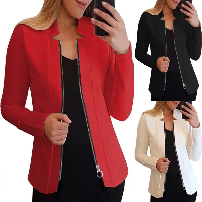Damen modische und elegante Bikerjacke mit figurbetonendem Schnitt und hohem Kragen W&W Mode