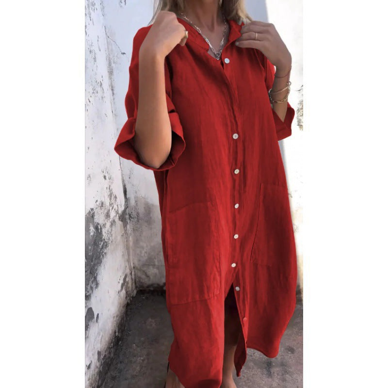 W&W Mode | Lässiges Baumwoll-Leinen Shirtkleid mit dreiviertelärmeln
