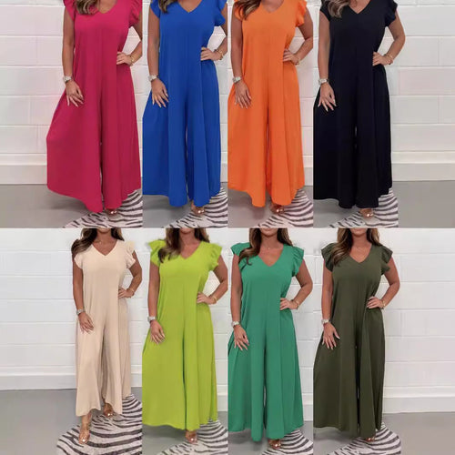 Damen gehobener Jumpsuit mit voluminösen Rüschenärmeln und V-Ausschnitt W&W Mode